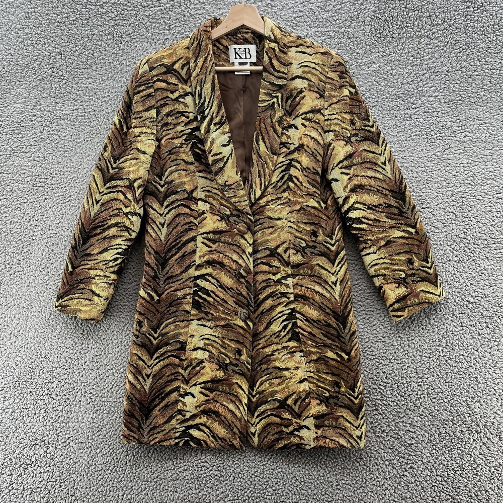 VTG 90s KB Stella Louise Roy Blazer Womens 14 Tiger Print Jaquard Long Jacket